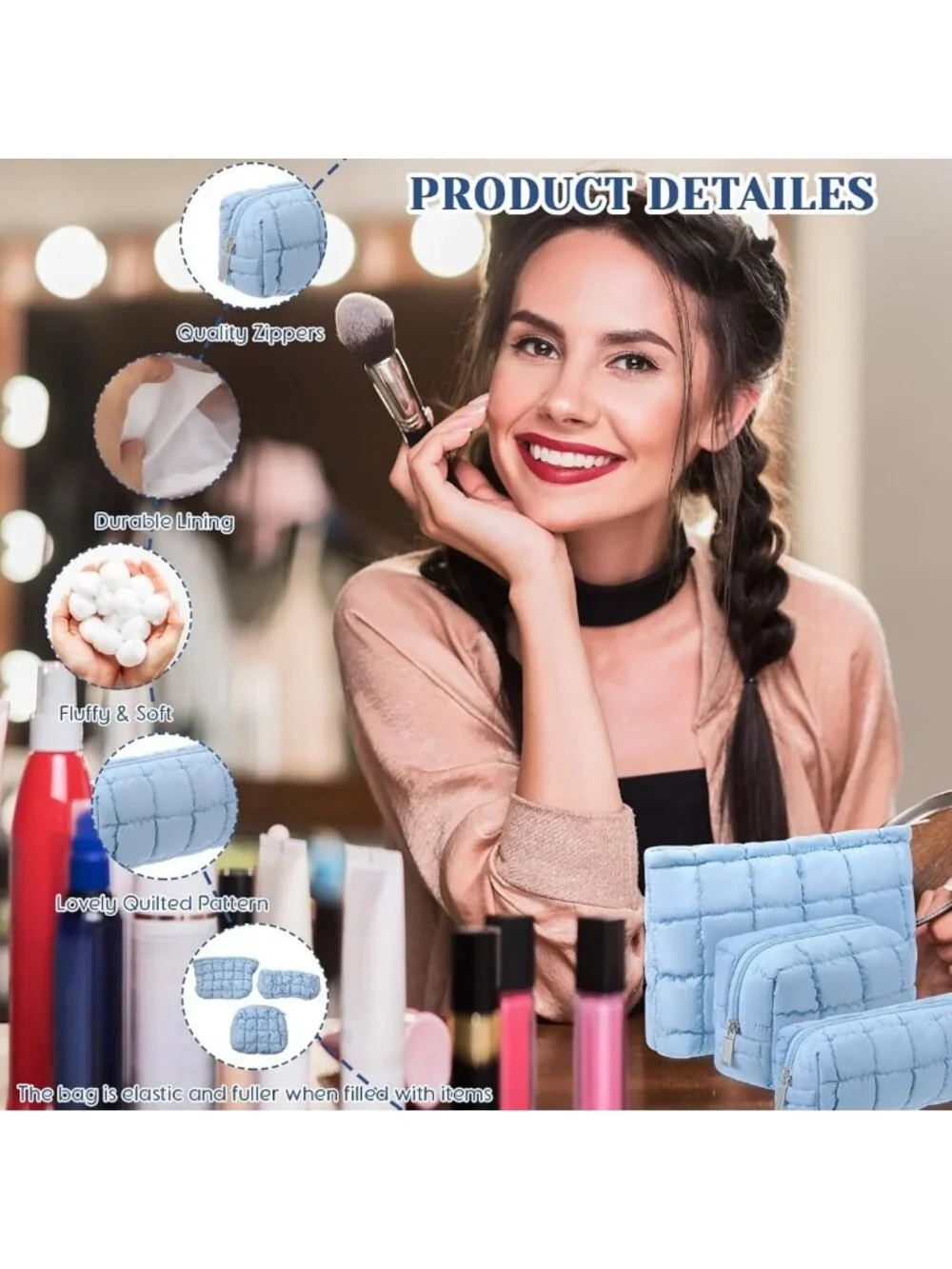 Cute Checkered 3-Pc Puffy Makeup Bag Set | Quilted Cosmetic Pouch & Toiletry